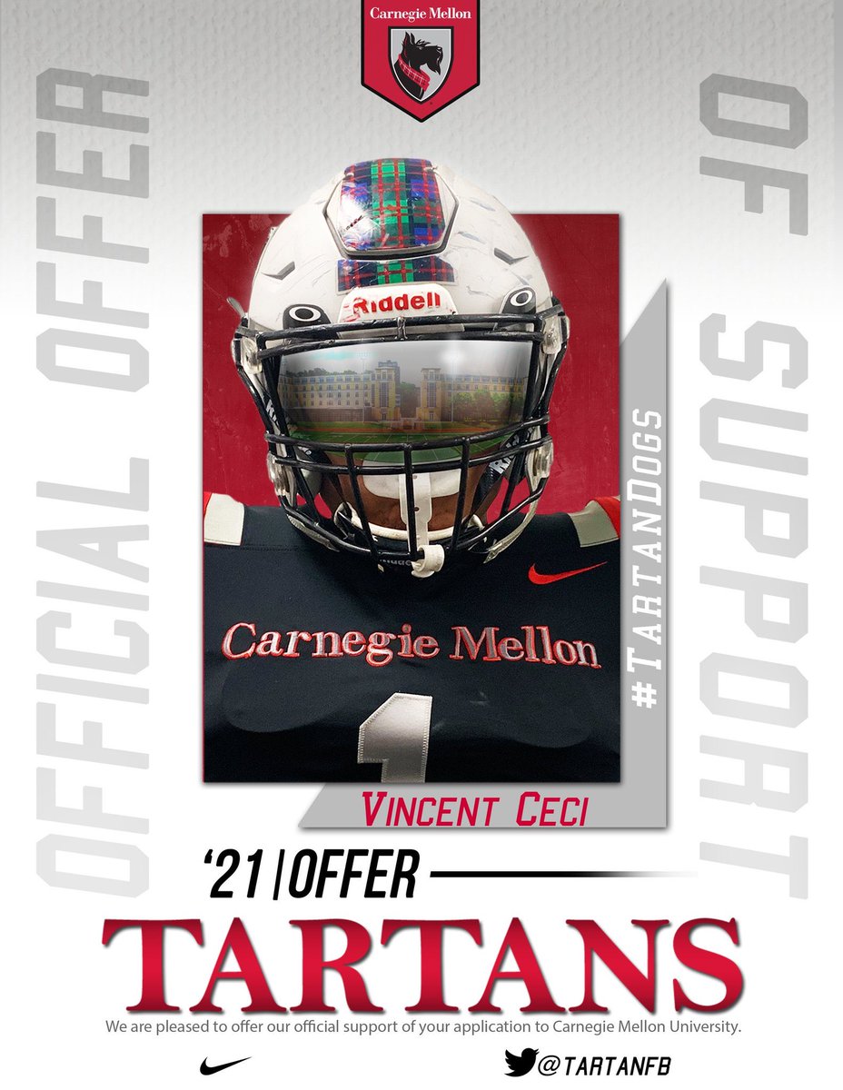 CeciVincent's tweet photo. Extremely excited to have received an offer from @TartanFB. Big thanks to @CoachGibboney and Coach Lackner for the opportunity! @GreenwichFB https://t.co/PxD8On9eQS