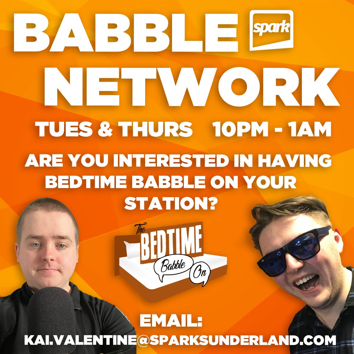 We've had a few stations enquire about this &amp; now for Series 2 we can officially make it happen. 

If you run an <a href="/SRA/">Student Radio Association</a> student station and are interested in taking #BedtimeBabble from <a href="/SparkSunderland/">Spark</a> as a part of your schedule, get in touch with <a href="/HaydenBeckett/">Hayden Beckett 🎙️</a> &amp; I &amp; let's chat!🧡