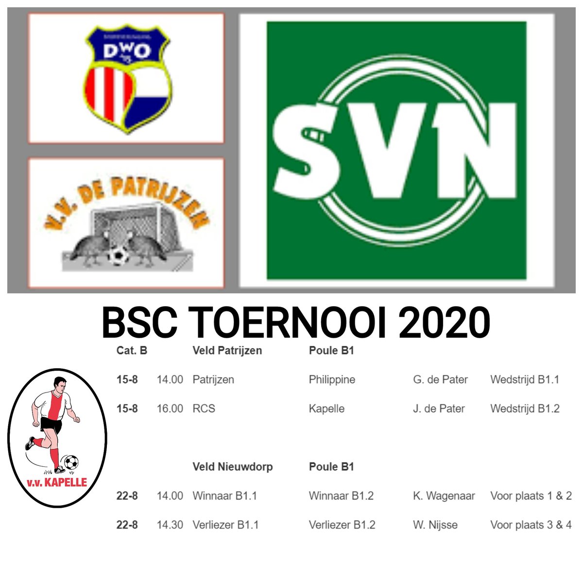 Morgen, zaterdag 15 augustus, spelen onze mannen van V.V. #Kapelle 1 om 16:00 uur op het complex van <a href="/patrijzen/">Patrijzen</a> voor de Borsele Sloepoort Cup tegen <a href="/RCSoostsouburg/">v.v. R.C.S.</a>. Veel succes! #voetbal #zeeland