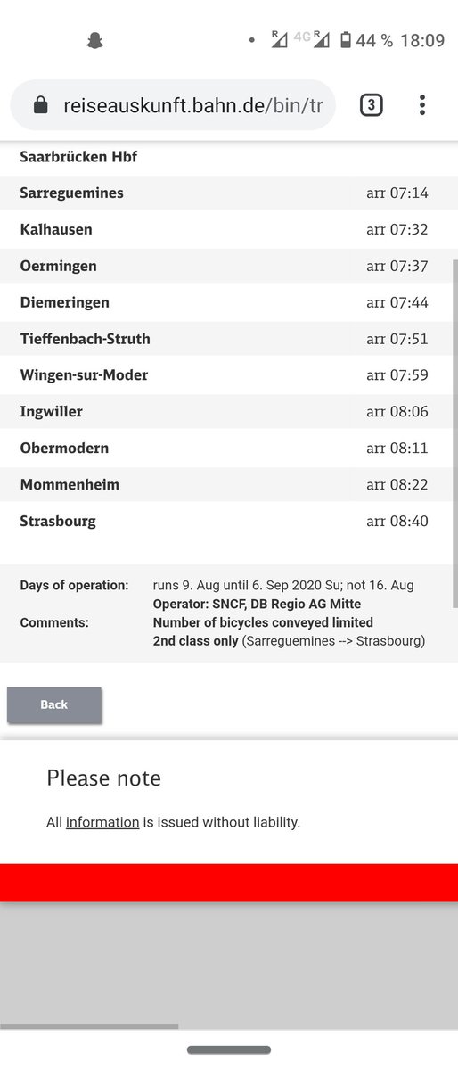 Groberto_'s tweet photo. @DB_Bahn Hallo, ich muss diesen Sonntag, den 16., mit dem RE19 (Saarbrücken/Strasbourg) fahren. Auf einer Ihrer Websites steht jedoch "not 16. Aug" in der Rubrik "Days of operation". Könnten Sie mir sagen, ob dieser Zug diesen Sonntag fährt? Danke. https://t.co/nLCJa81FHz