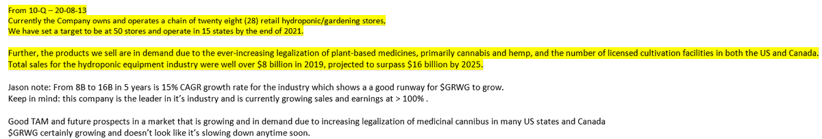 11/  $GRWG Growth strategy:Currently the Company owns and operates a chain of twenty eight (28) retail hydroponic/gardening stores,We have set a target to be at 50 stores and operate in 15 states by the end of 2021. Good growth prospects ahead. see attached from 10-Q.