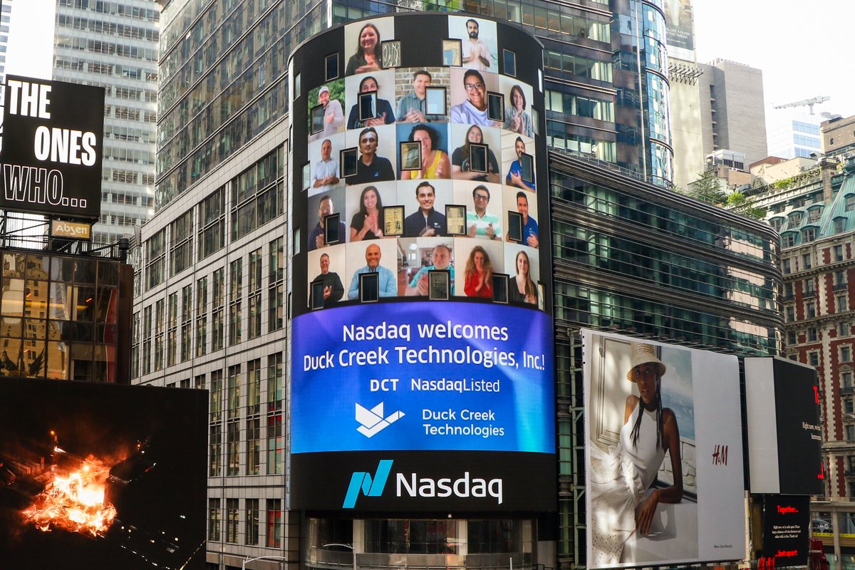 NasdaqExchange's tweet photo. Welcome to the @Nasdaq family, @DuckCreekTech! 

@DuckCreekTech is on a mission to revolutionize insurance for the greater good. 

#DCTIPO #DuckCreekIPO #NasdaqListed $DCT https://t.co/Q8PFyGsatf