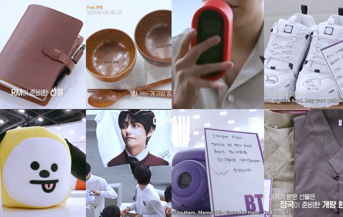 The gifts 🎁 @BTS_twt gave to the contestants of I-Land 

RM : leather diary 📔 
JN : bowls, spoon & chopsticks set 🥣🥄 🥢 
SG : Alarm clock ⏰ 
JH : Fila sneakers 👟 
JM : Chimmy 🐶
V : Polaroid camera 📷 & Blanket 
JK : Modernized Hanbok 4sets 👕👖

@BTS_twt