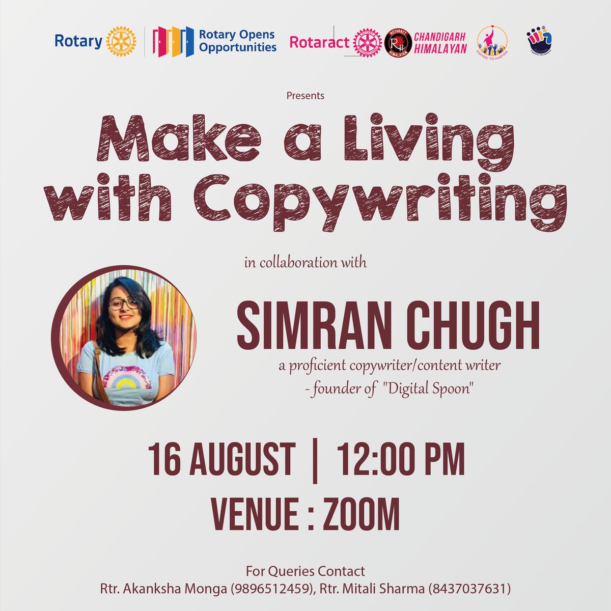 rcch3080's tweet photo. RCCH presents webinar series "Himalayan Pathshala". Tune in for the first Webinar by "Content Writing Committee":
Topic:"Make a living with Copywriting"
Date:Aug16,2020
Time:12:00PM
Venue:Zoom
#RotaractHimalayan #AspireToInspire #HimalayanDilSe #HimalayansAtWork #rotaract3080 https://t.co/SYHn88JpVe