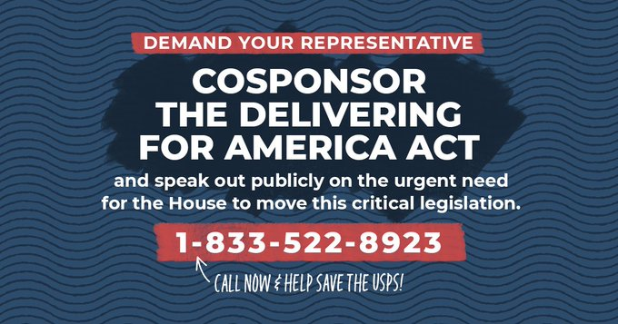 BendtheArc_CU's tweet photo. Call your US Rep TODAY to cosponsor this new bill: The Delivering for America Act! It prohibits the USPS from changing operations or level of service in place on Jan 1 2020 until the COVID19 pandemic has ended.
Details: https://t.co/v2l4GMvzPX
#SaveTheUSPS #VirusFreeVoting https://t.co/tBuSKfRNHa