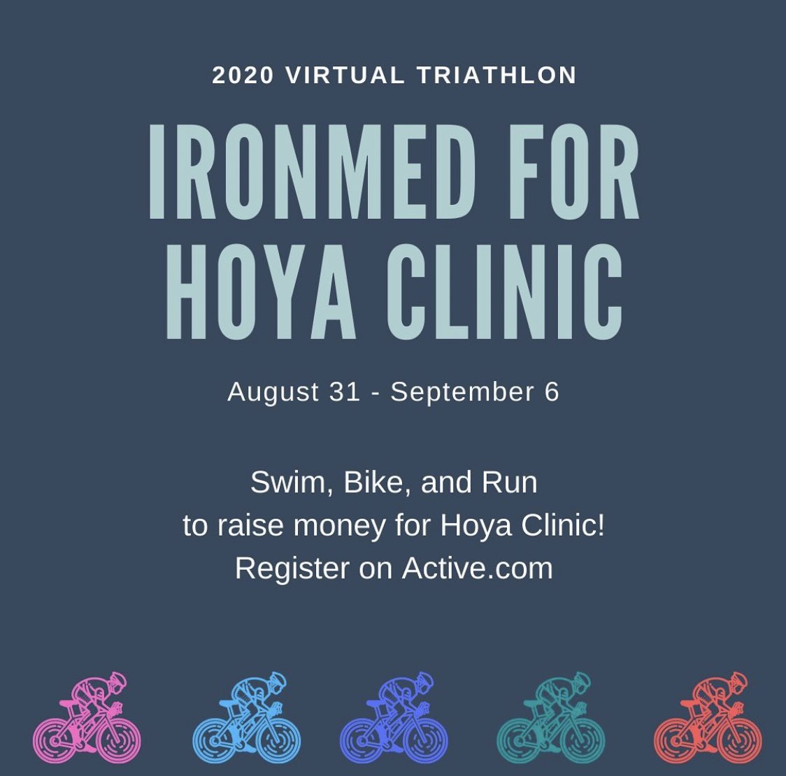 Calling all athletes! Join us for a virtual triathlon, help us raise money for the Clinic! Please register at active.com.