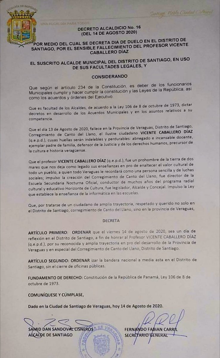 <a href="/Alcaldia_Stgo/">Alcaldía de Santiago</a> Declaró Día de Duelo este viernes 14 de agosto en el Distrito de Santiago y ordenó izar la bandera a media asta en memoria del Prof. Vicente Caballero Diaz ilustre ciudadano santiagueño fallecido este jueves 13 de agosto. Paz a su Alma.