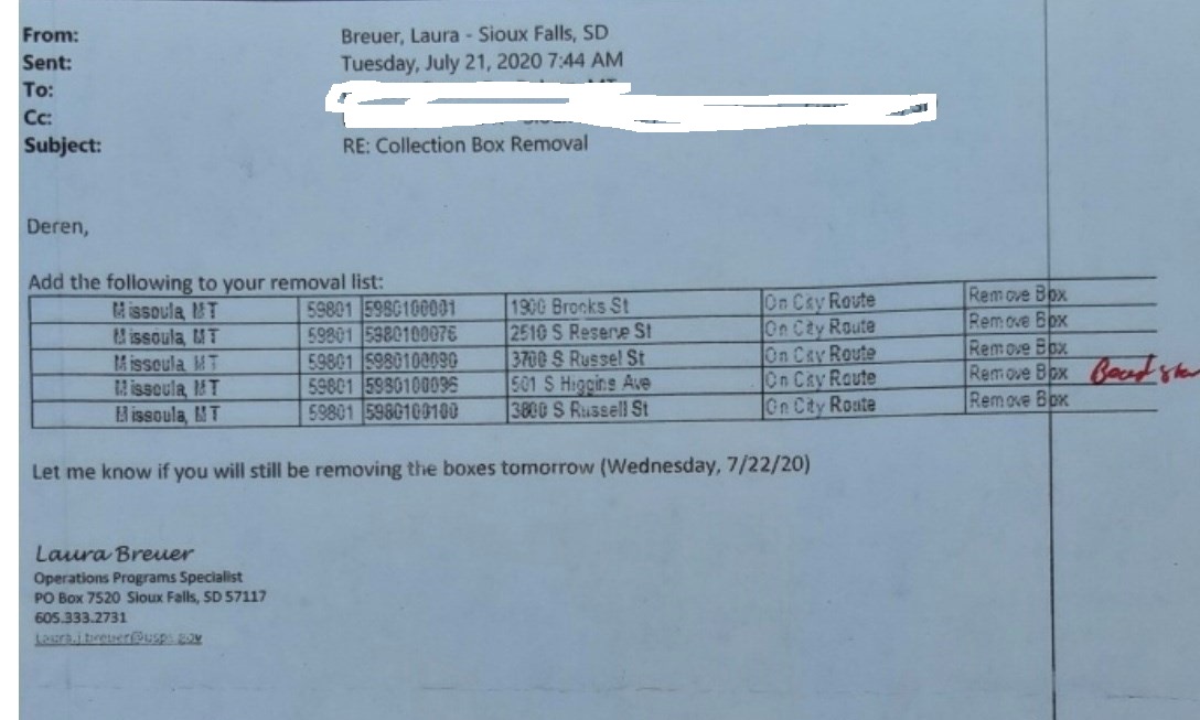  Source just sent me another email, which shows 5 more USPS collection boxes to be removed in Missoula. These are all in front of or near shopping centers. One is in front of the closed Shopko, but a new Winco is going in there now.  #mtnews  #USPS