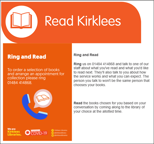 KirkleesLibrary's tweet photo. The latest Read Kirklees #LibrariesFromHome newsletter is now online at https://t.co/7HDXPFKB7l Featuring #RingandRead @andy5000miles @DyingMatters https://t.co/rkg31xcqC0