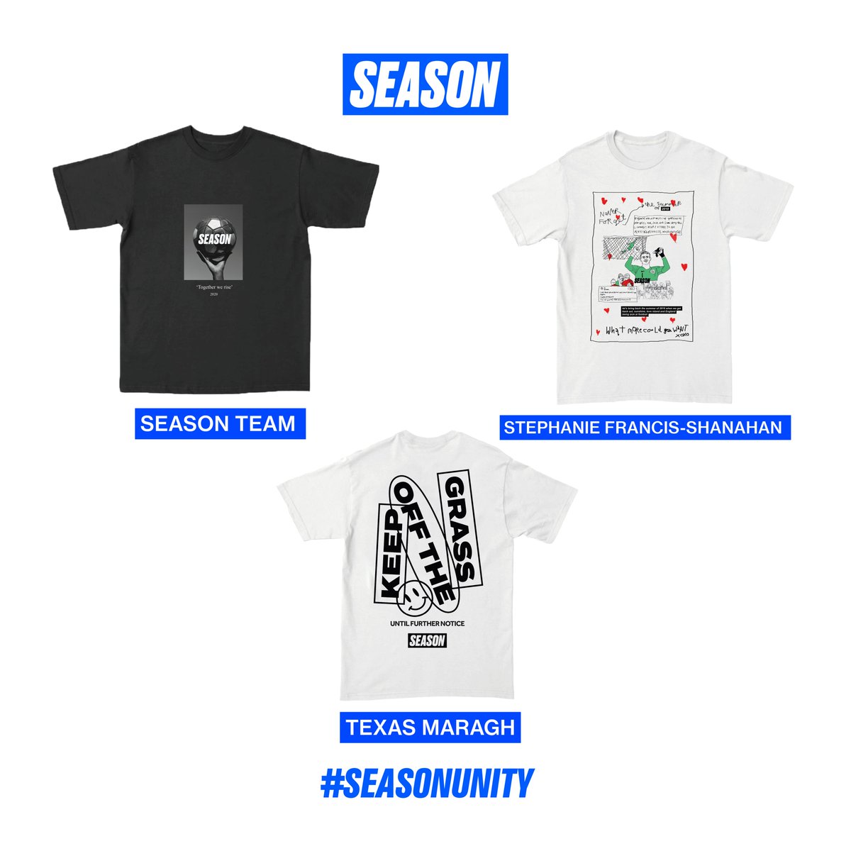 season_zine's tweet photo. The #SEASONUNITY collection is live! In partnership with @weprintsocial, UNITY features the work of eight talented creatives pushing football culture forward. Sales raise funds for the creators and charities of their choice. Available now https://t.co/apG3JgLPIg https://t.co/vARITDNfVq