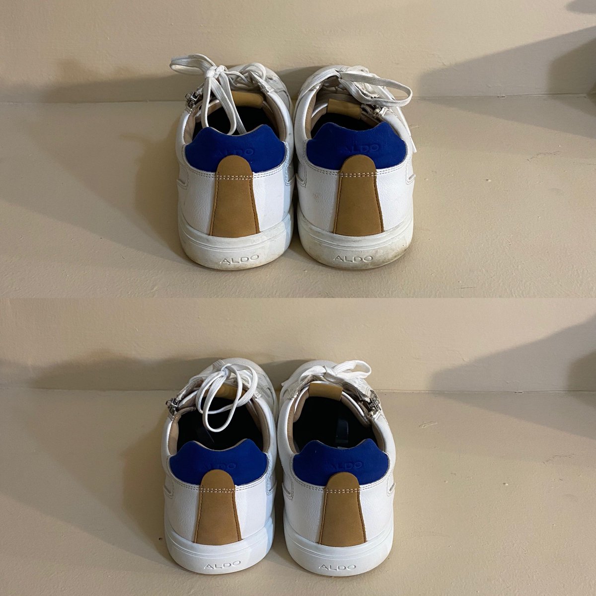 Kickssalvation's tweet photo. Another one! Aldo shoes 🔳 cleaned and restored ready to go out ✅. A Deep Clean & Sole work service was done to reverse the yellowing and whiten the shoes. Can you tell the difference? #Kickssalvation👟 #Soleswap #deepclean #Shoeclean #laceclean #DMV #soledeoxidizer #kicks4kick https://t.co/PKDMCrYX7I