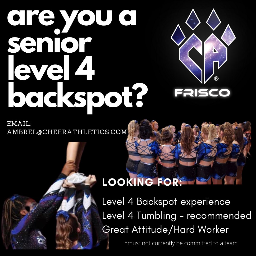CA_Frisco's tweet photo. We are looking for a Senior Level 4 backspot to join the Queens of the Clawsmos!👑 
Email: Ambrel@cheerathletics.com https://t.co/5HeSnFHGWk