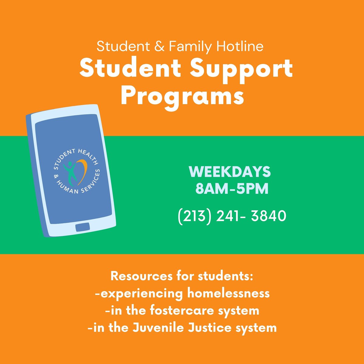 SSASLausd's tweet photo. For resources, including assistance with a student in foster care, students experiencing homelessness or students involved in the juvenile justice system, call (213) 241-3840, option 8. https://t.co/pjbjEQ28V7
