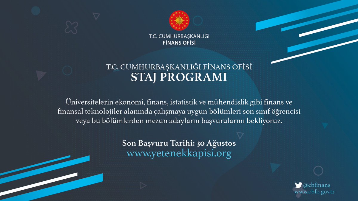 @tccbiko tarafından hazırlanan yetenekkapisi.org ve Staj Seferberliği programlarını bizler de desteklemekteyiz. Lisans son sınıf, yüksek lisans, doktora öğrencileri ve mezunlara yönelik stajyer ilanımıza bit.ly/2DQPTLO adresinden ulaşabilirsiniz.