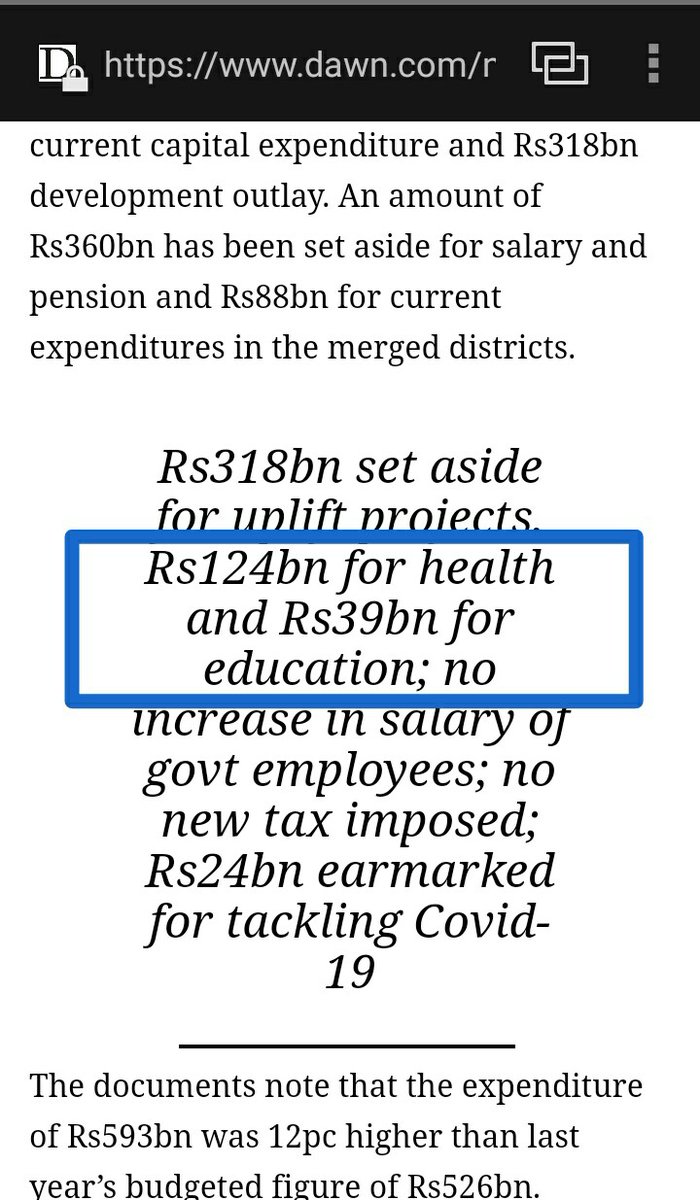 Even though Dawn News is a propaganda machine for PMLN & PPP, & thus a pretty unreliable source of news, but since  @meherbokhari sahiba works for Dawn, I'll cite Dawn News as evidence to refute her false claim about KP govt's health & education budgets.2/n https://www.dawn.com/news/1564679 