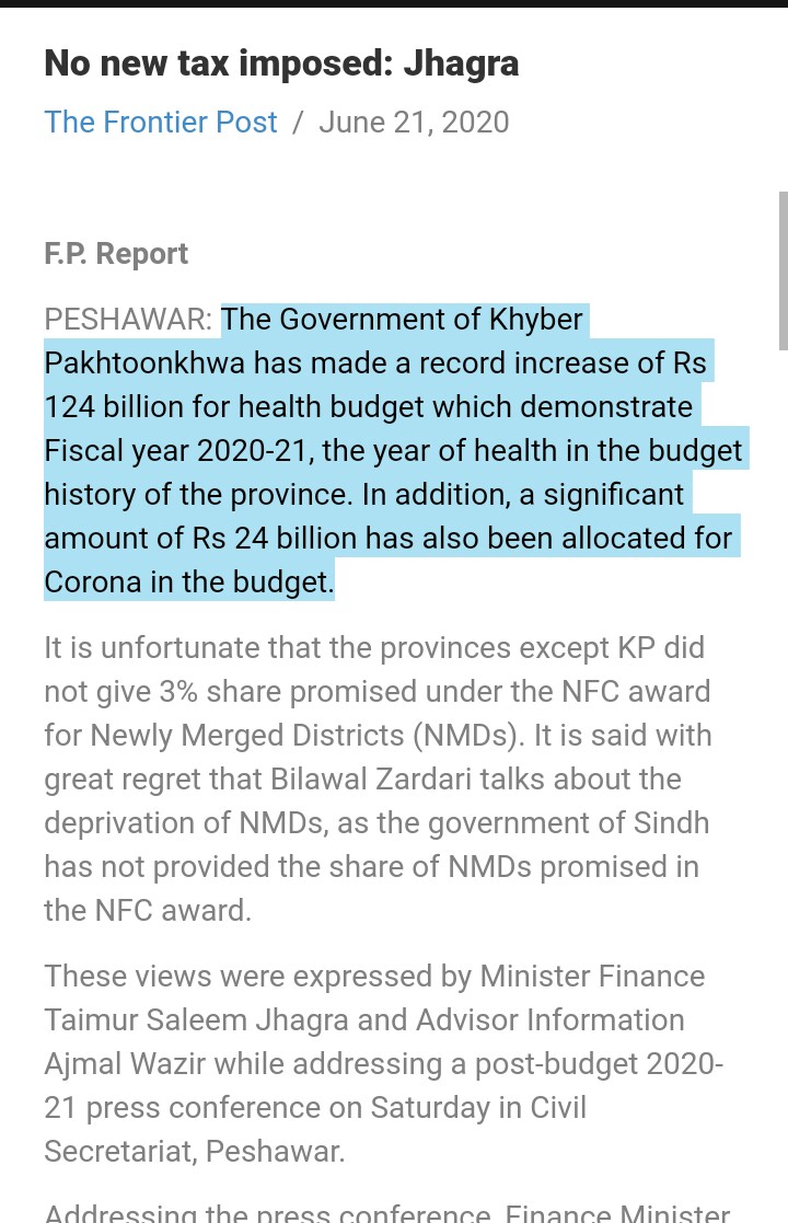 BTW, according to  @Jhagra , if one adds the 24 bn rs allocated for COVID, KP's health budget this year totals 148 bn rs,& KP's total Edu budget is 207 bn rs. I cited Dawn News cuz that's the organisation Ms.  @meherbokhariworks for. @MusaNV18 @5hoab @MaddyWithKhan @Aakbar847/7