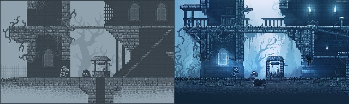 Last but not least, we changed how we use colour in the game! This alteration completely shifted the tone and atmosphere of the game, resulting in a new ‘Hidden Layer’ as it were.Tomorrow I’ll share more about our palette, lighting system and colour correction. Stay tuned!