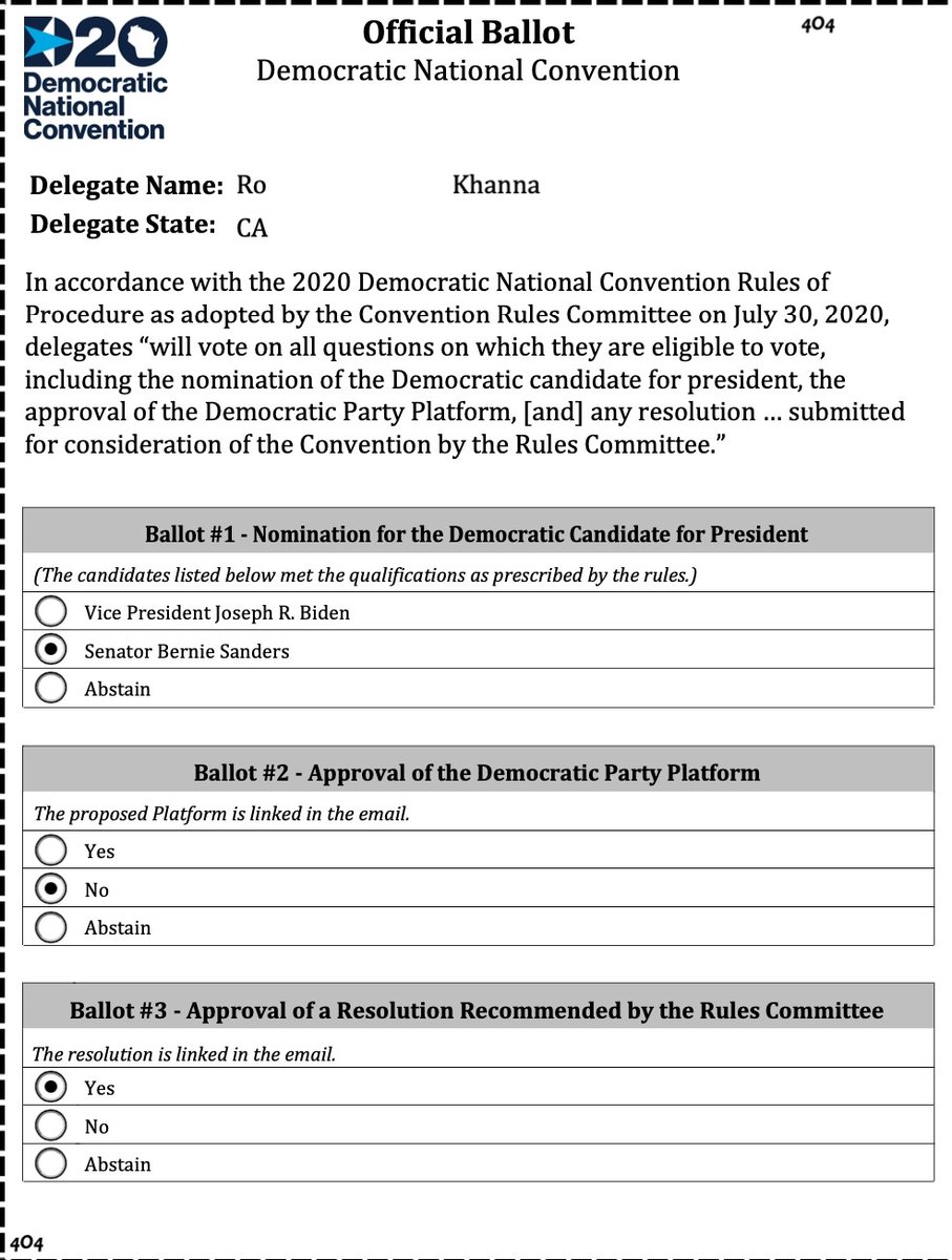 RoKhanna's tweet photo. Proud to cast my vote for @BernieSanders. I voted no for the rules reforms to democratize our party. I cannot in good conscience support a platform that does not have Medicare for All in the midst of a pandemic. It should never have been stripped from our platform in 1980. https://t.co/FullDZuiHM