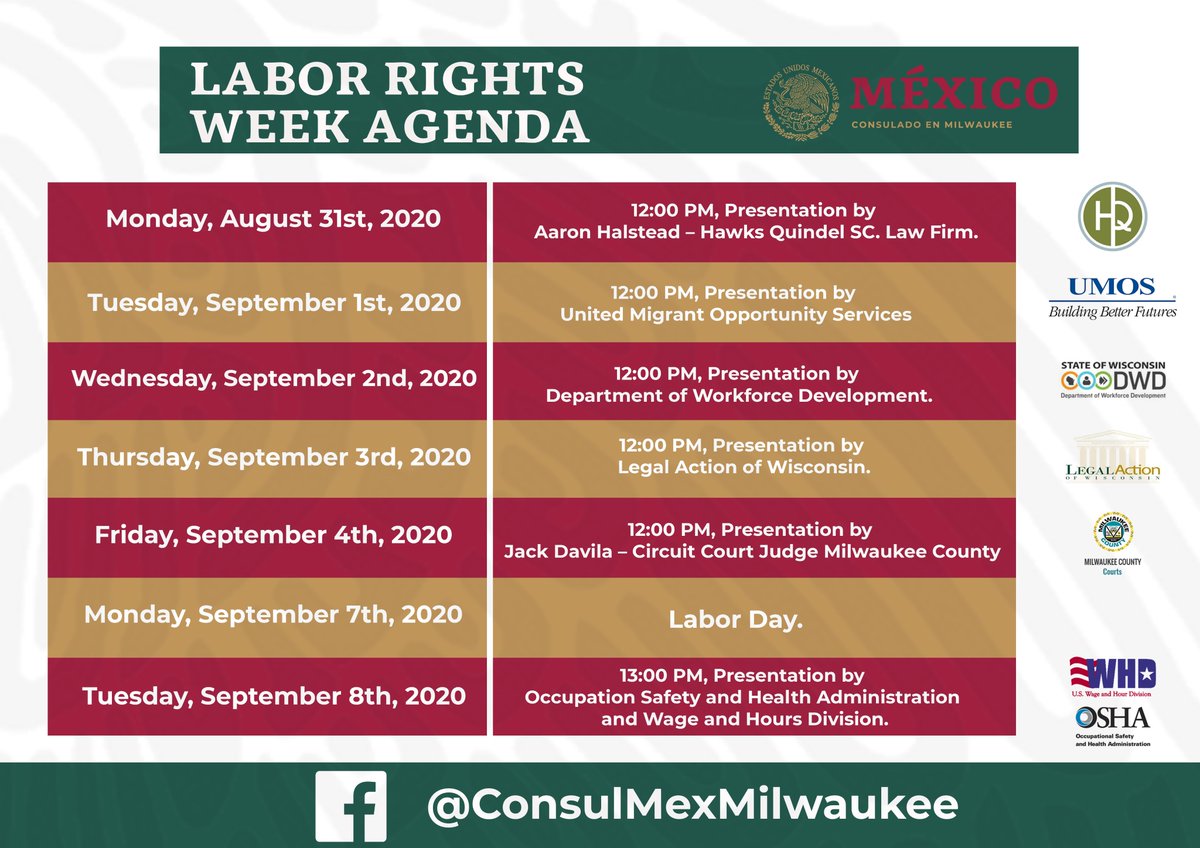 ConsulMexMKE's tweet photo. 🧑⚖️ #ConoceTusDerechos ⚖️ se acerca la Semana de Derechos Laborales 2020 🧑🔧🏭👷 🚜👩🌾 🧑🍳y será por facebook live 💻 aquí en la página del Consulado 🇲🇽, síguenos de manera virtual y prepara tus preguntas #SLD2020 #ProtecciónConsular https://t.co/RXz5eRdm7c
