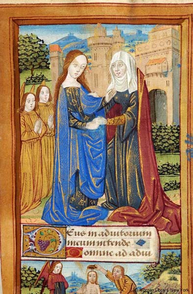 Her hand is going for the chin chuck again! The two angels are like "yes, we ship it."(Morgan Library, MS m129, f. 028r)