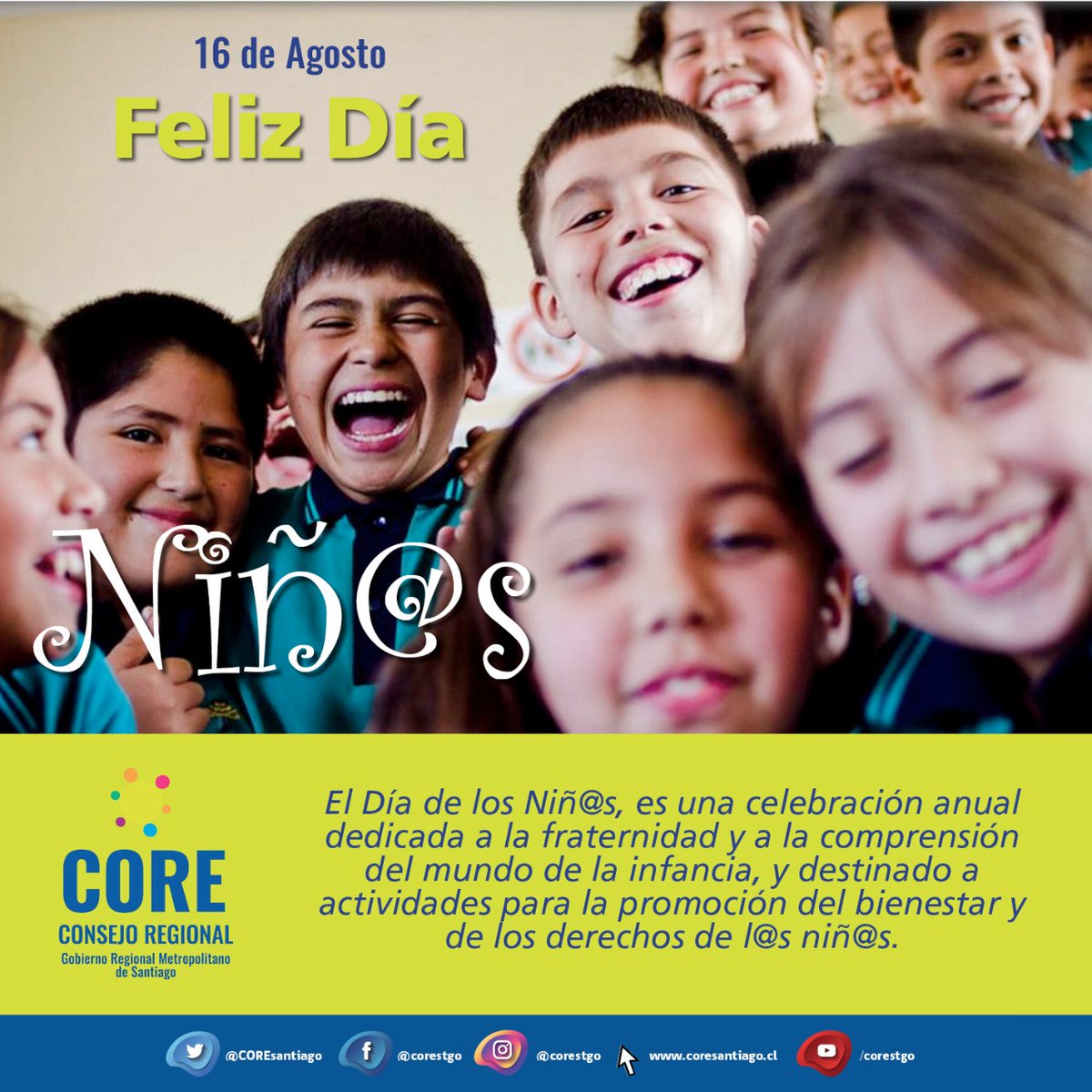 COREsantiago's tweet photo. [SALUDO] En el #DíadelNiño @coresantiago celebra a todos los niños y niñas de la #RM 
 #CoreTeCuida #QuédateEnCasa #DíadelNiño https://t.co/gpxOcsdOOU