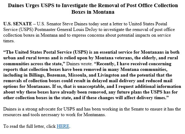 JUST IN:  @SteveDaines issues a statement, attaching a letter he sent to Postmaster General to investigate these removals after I reached out this morning.  #mtnews  #mtpol  #USPS