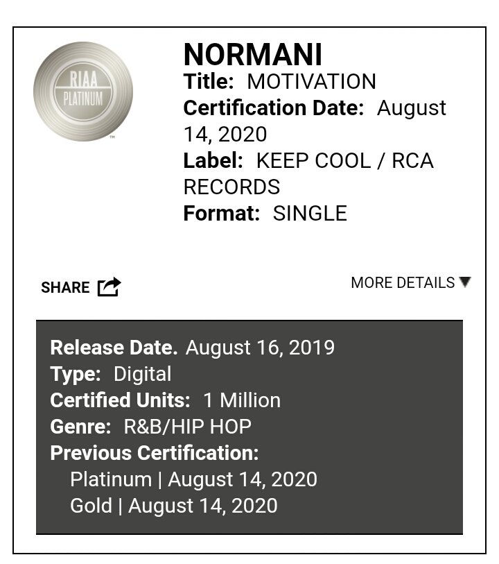 NormaniUpdate's tweet photo. Motivation has been certified Platinum in the United States https://t.co/tkqNr7ZSEW