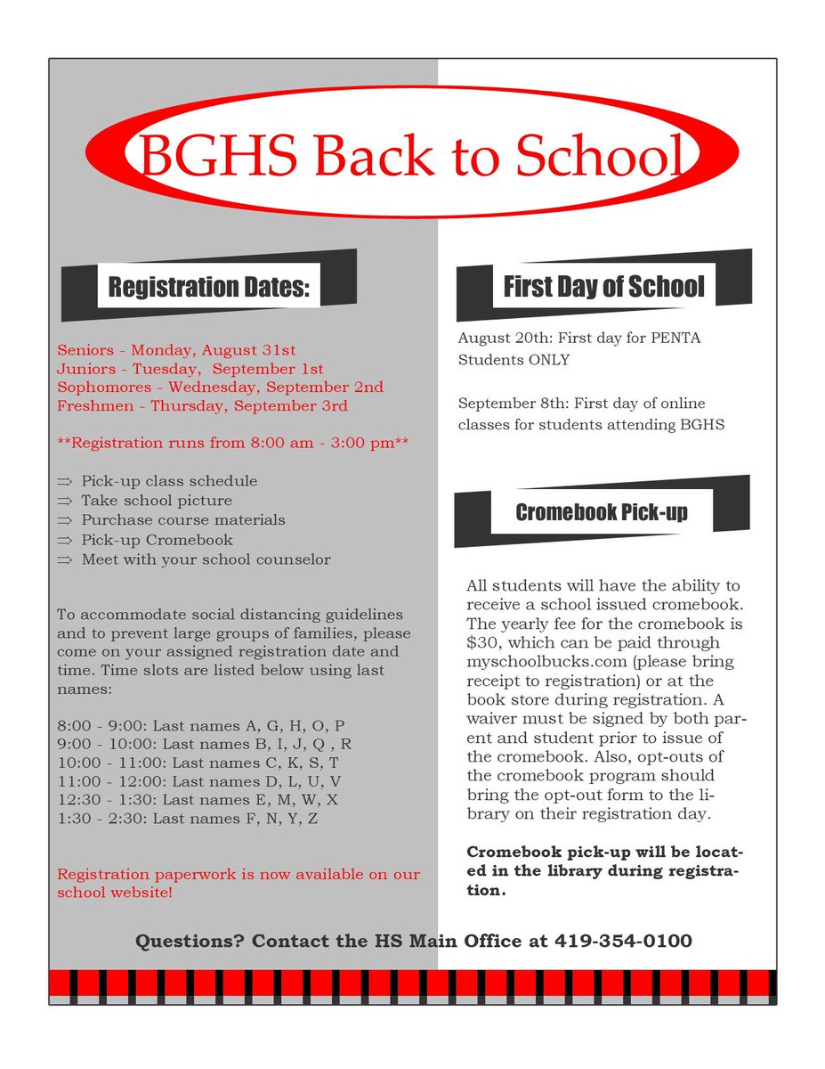 DanBlackBGCS's tweet photo. Even though it will be different, we are excited to get back to school soon! Please see attached information for specific details regarding H.S. registration and cromebook pick-up. @JeffDeverBgcs @francis_scruci @BGSchools @BGHS_AD https://t.co/17VaYLniqo