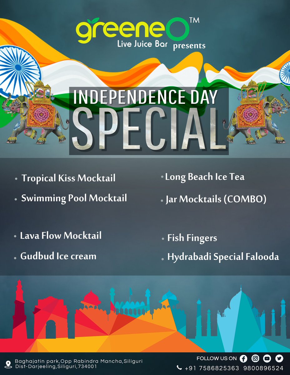 LiveGreeneo's tweet photo. Greeneo presents independence day special menu now feel the freedom this day with our special dishes and savouries that tickles your taste buds and your mind https://t.co/cd8equwRMB