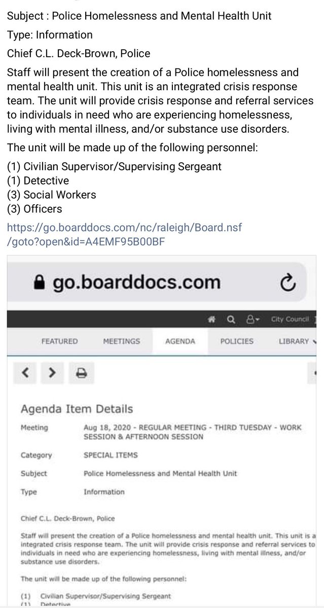 Please use the link by 5PM TODAY to speak at next Tue's council mtng (8/18, 1pm).  raleighnc.gov/services/gover… 

Deck-Brown will request a Homelessness &amp; Mental Health Unit in DIRECT CONFLICT w/ community requests to #RefundRaleigh and #DefundRPD.  #ralpol