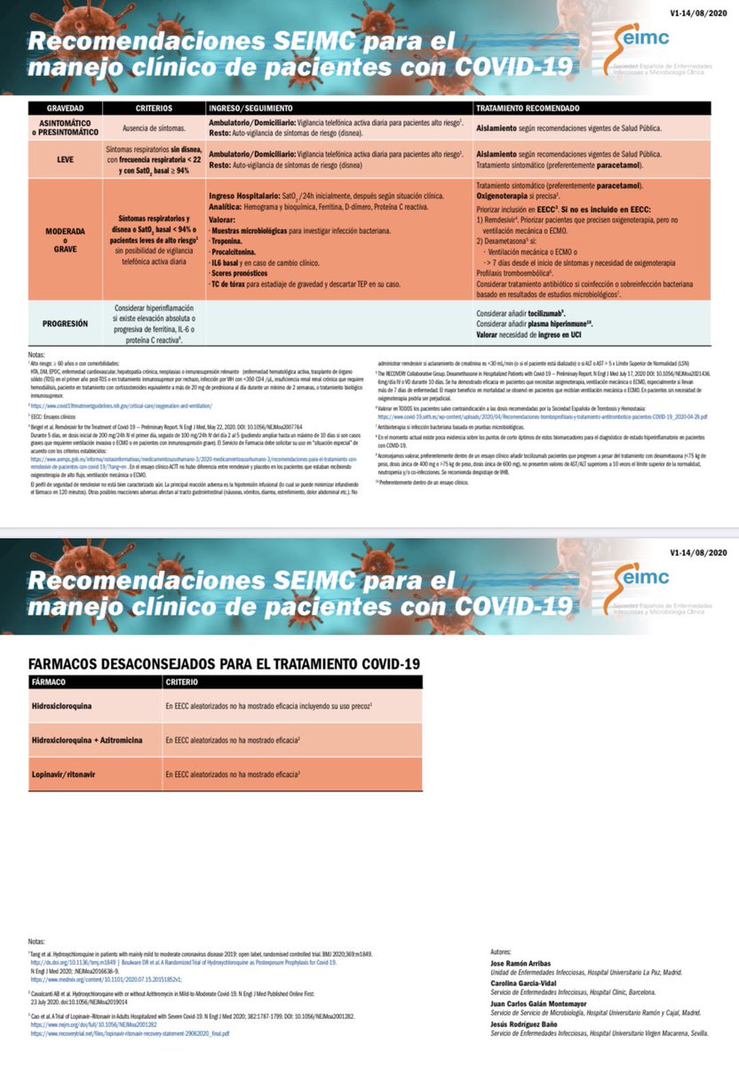 Ya estan disponibles las recomendaciones <a href="/SEIMC_/">SEIMC</a> para el manejo clínico de pacientes con COVID19. Resumen superpráctico actualizable en tiempo real de la evidenicia disponible. Ha sido un placer trabajar con  <a href="/jrarribas/">Jose R Arribas</a> <a href="/jesusrbano/">Jesus Rodriguez Baño</a> y Dr. JC Galan. <a href="/hospitalclinic/">Hospital Clínic</a>  <a href="/ESCMID/">ESCMID</a> _