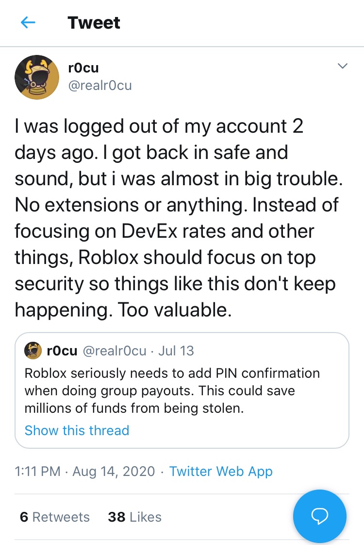 RTC on X: BREAKING: Roblox developer R0cu (most known for RP1 event)  account was broken into. Although now safe, he shares a word with us about  how he feels the security on