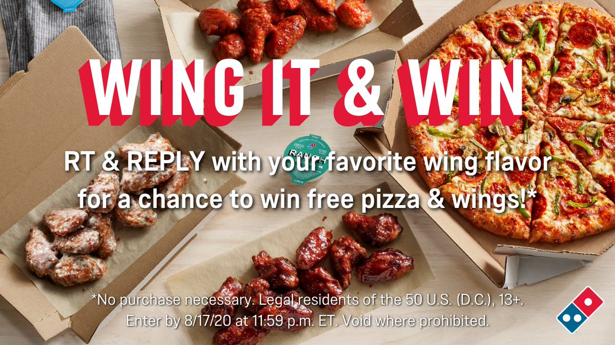 🚨Some of our fave sports are back on, so we’re celebrating with a year’s worth of FREE Domino’s! 🚨

RT &amp; REPLY with your fave new wing flavor below for a chance to #WinDominosWings &amp; #WinDominosPizza! Rules: bit.ly/31I1KUx 

🔥Hot Buffalo
🍯Honey BBQ
🧄 Garlic Parmesan
