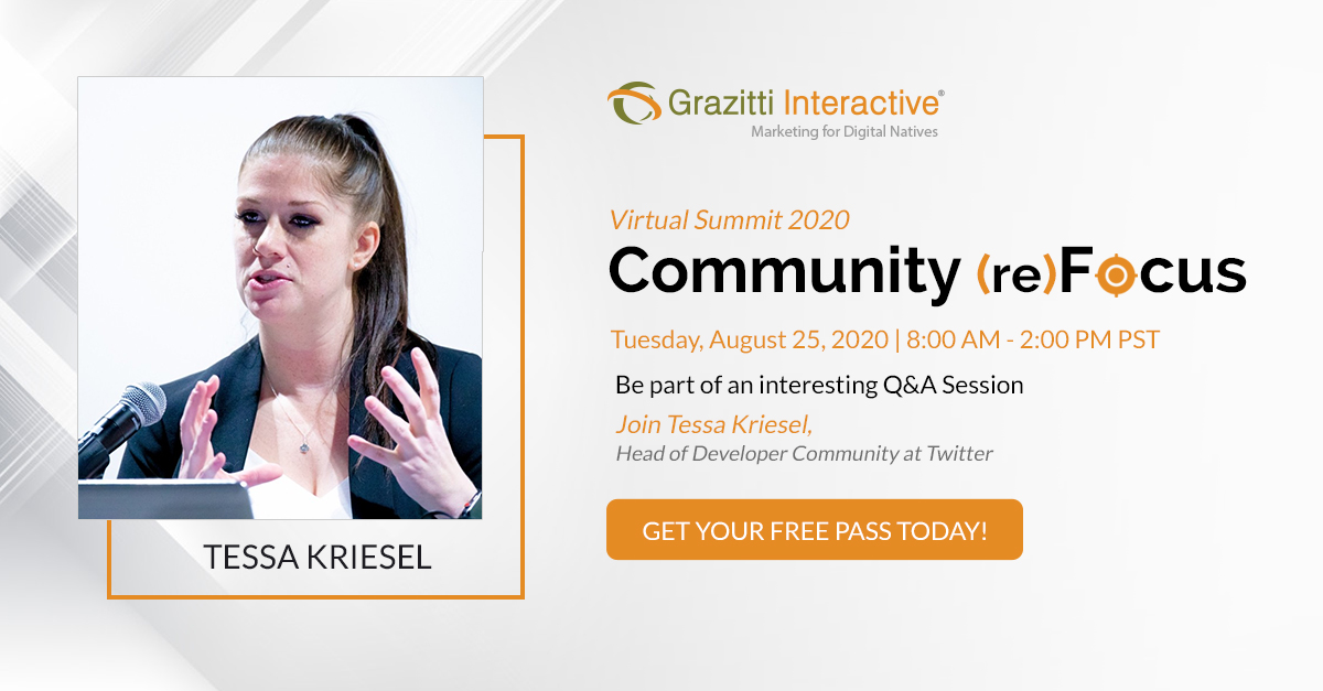 Grazitti's tweet photo. An #onlinecommunity is an intelligent avenue to deliver personalized experiences at scale. Got a community-related question? Ask @tessak22 from #Twitter at our #virtualsummit. 👉 https://t.co/AIlE5s9KRp 👈 #CommunityReFocus  #community #onlinecommunities #grazitti https://t.co/LsRtdF5D61
