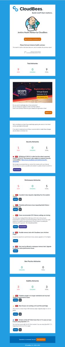 aheritier's tweet photo. What do you think about my new @jenkinsci Health Advisor by @CloudBees  email template? (I know I am not a designer 😂) 

https://t.co/wlDNbhP9rm

#jenkins #jenkinsworld #cloudbees #design https://t.co/9eGvbNDaqC