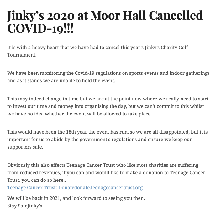 Jinky’s 2020 at Moor Hall Cancelled COVID-19!!!

Teenage Cancer Trust: Donatedonate.teenagecancertrust.org

<a href="/TeenageCancer/">Teenage Cancer Trust</a> <a href="/LouiseWalkerWM/">Louise Walker WM</a>