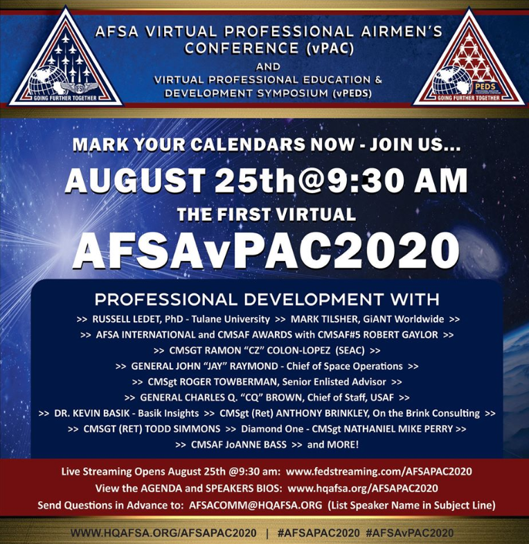 AFSAHQ's tweet photo. AFSA | Click here https://t.co/bHxJckMMAR to view the current Agenda (all events EST), Speaker, and Bios, Mission Partners and to send Speaker Questions in Advance!

PAC is upon us! #weareAFSA #veterans #airmen #leadership #conference https://t.co/T13L3d6bYP