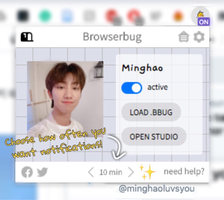 minghaoluvsyou's tweet photo. Hi pals! I wanted to share a newly released Chrome extension created by fellow carats at @imma_studio called #BrowserBug β¨
You can create a virtual avatar to send you encouraging reminders for your wellbeing and productivity~
I used #BBug for Minghao ^^
More info below~ πΈπ https://t.co/y0DXQ1QgFY