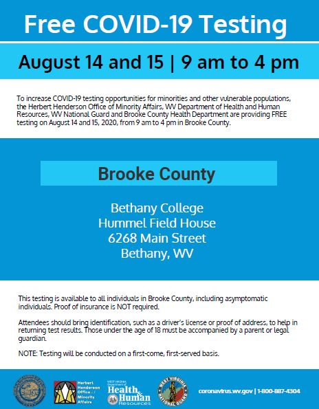 OCPLibrary's tweet photo. Free #COVID19 testing for #BrookeCounty #WV residents is available at the Hummel Field House, @Bethany_College August 14 & 15 from 9 am to 4 pm. ID is required; those under 18 must be accompanied by a parent/guardian. Testing funded in part by @WVHHOMA @WVNationalGuard @WV_DHHR https://t.co/wNydNwMCMc