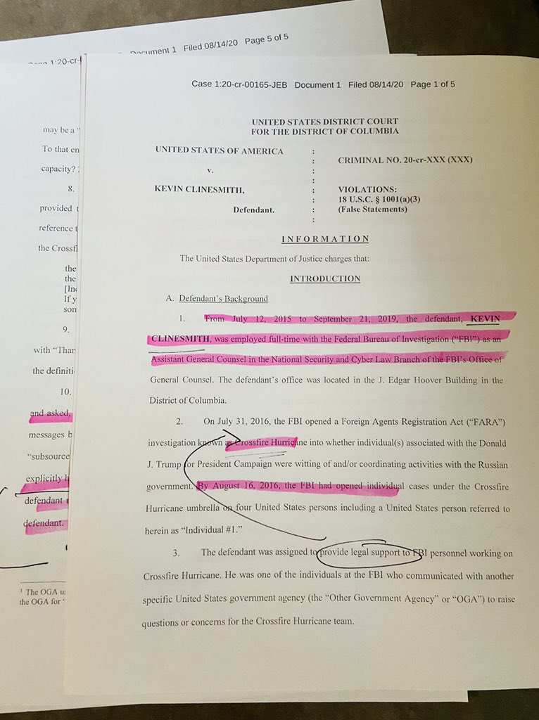  #Durham Court documents show former FBI lawyer Kevin Clinesmith to plead guilty to one count, false statements 18 USC 1001.  @CBSNews has learned that after FBI records were declassified by  @DNI_Ratcliffe last month further implicating Clinesmith, his lawyer approached Durham’s