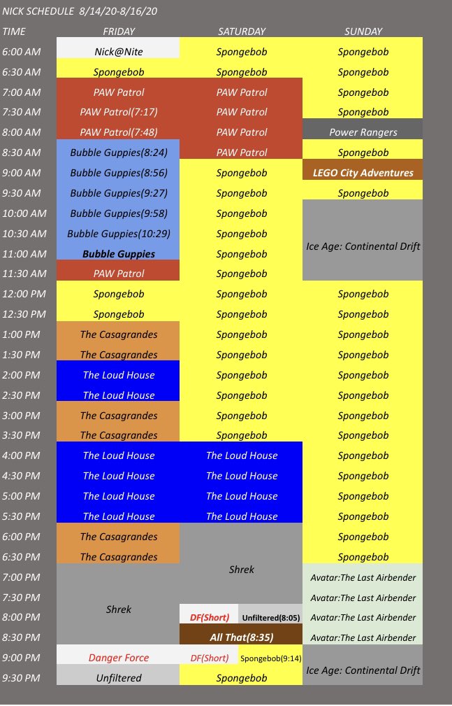 A different Shrek movie airs and gets added to Saturday.
Loud House and  Casagrandes are gone from Sunday.
Loud House also was going to be removed from Saturday but got added back again.
Rio 2 is gone.