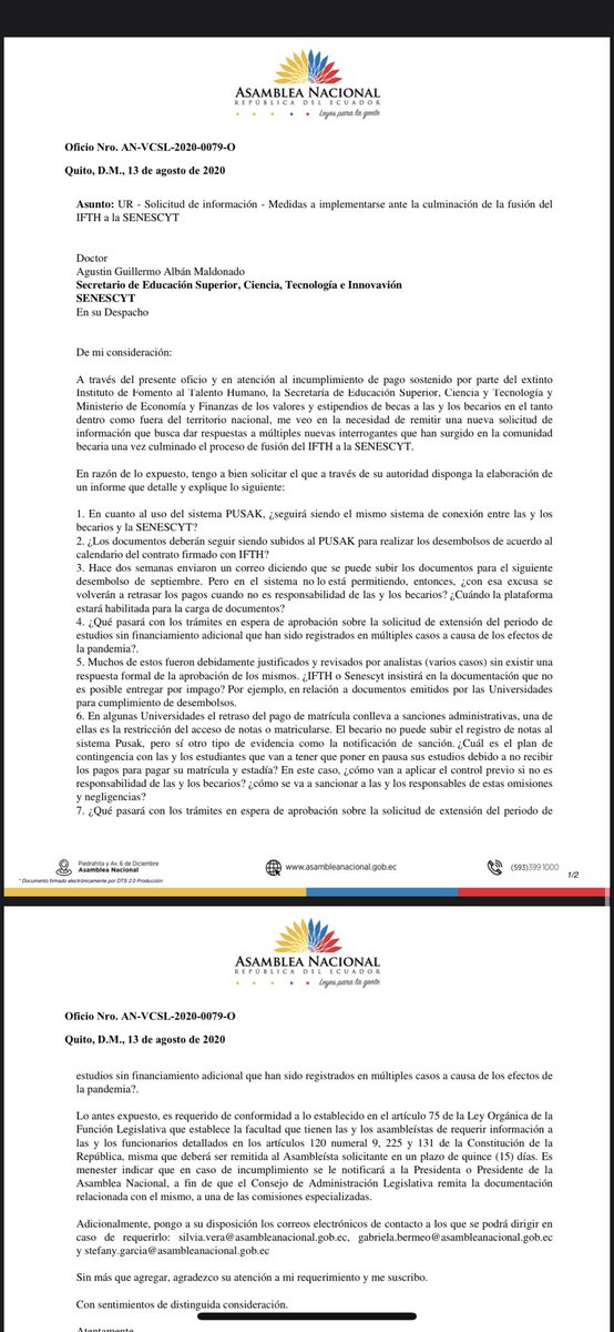 Silvia_VeraC's tweet photo. 🔴🔴
A primera hora remití dos nuevas solicitudes de información a @RichardM_A y @agustinalbanm con preguntas necesarias para entender cuáles serán los nuevos procedimientos y acciones desde sus carteras de Estado una vez culminado el proceso de fusión del IFTH a @EduSuperiorEc https://t.co/cDEqXJcLtt