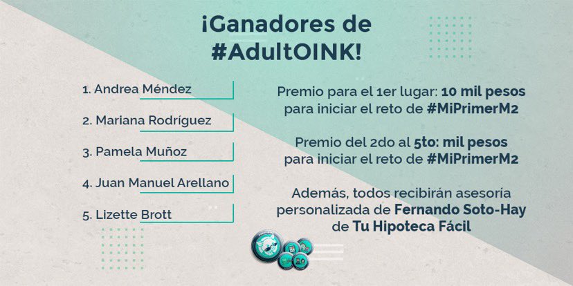 PeqCerdoCap's tweet photo. Ellos son los ganadores del concurso de #AdultOINK, el taller de @PeqCerdoCap para cuando la vida se pone seria. Ganaron 💵 para empezar con el reto de #MiPrimerM2 🏠 y una asesoría personalizada con @FernandoSotoHay de @tuhipotecafacil. ¡Felicidades! 🤑👏👏👏
#LogrOINKs 🎖🐷 https://t.co/GlK7xRDybF