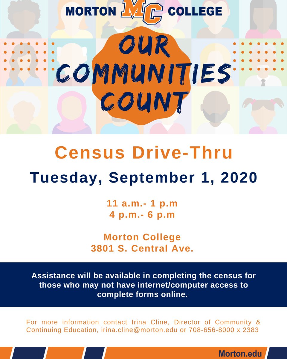 mortoncollege's tweet image. We're working to ensure that our community counts. Join us for the Census Drive-Thru on September 1st. Bring a family member or a neighbor👫.  community is counting on you for the Census!  💙🧡
Learn more at morton.edu. 

#WeareMC #SomosMC #CensusDrive