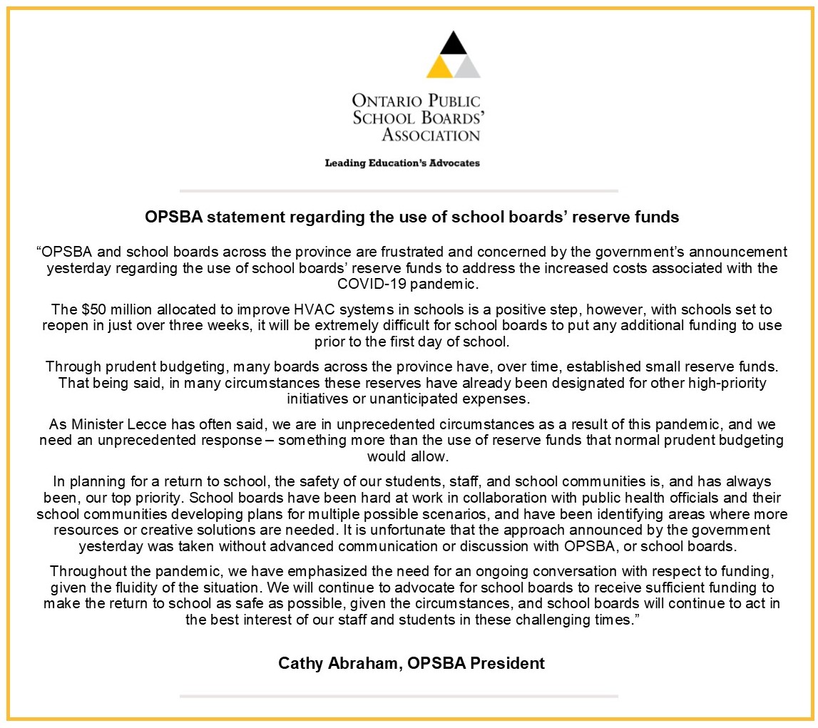 OPSBA's tweet photo. Our statement regarding the use of school boards' reserve funds in reopening schools https://t.co/MPwBU7lF9g #opsbastatements #onted #onpoli https://t.co/65hX8XhQbv