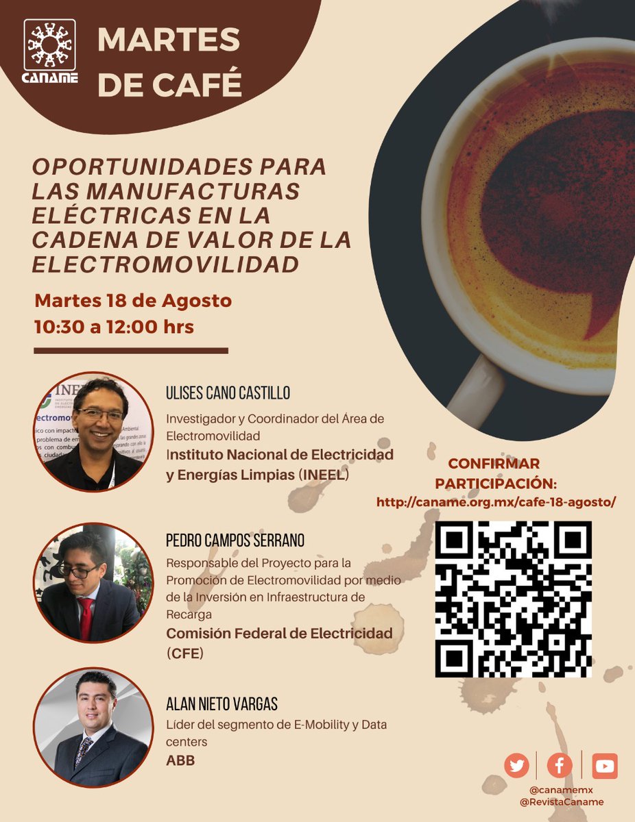 Te invitamos al martes de café con CANAME del próximo 18.08.20 a las 12:00hrs. sobre las manufactureras eléctricas en la cadena de valor de la electromibilidad. Nuestro experto en E-Mobility & Data Centers, Alan Nieto compartirá tendencias y oportunidades de la industria https://t.co/TjKp58D807