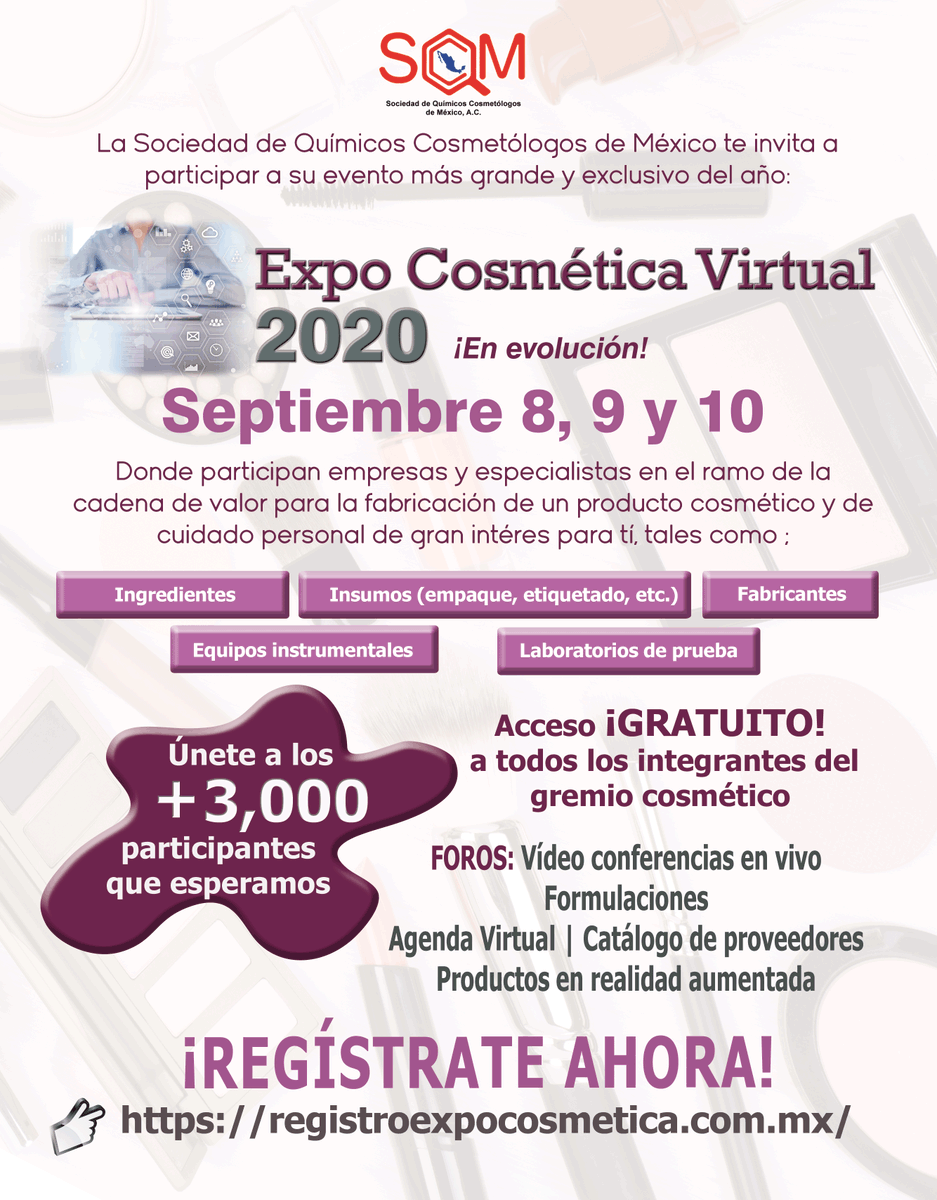 SQCMofficial's tweet photo. #expocosmeticavirtual2020 #sqcm #industriacosmetica #cosmeticos #ingredientescosmeticos
¿Ya te registraste?...
Sé parte del evento más grande y exclusivo de la Industria Cosmética.
Regístrate ahora, el acceso es GRATUITO:
https://t.co/GkkfE6K9vK https://t.co/af1m3bGzCd