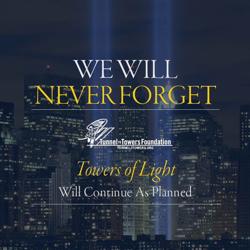 Tunnel2Towers's tweet photo. The #TowersofLight that shine from NYC in tribute to those lost on #Sept11 are an iconic symbol of hope. We must #NEVERFORGET - #Tunnel2Towers is doing everything in its power to make sure that they will once again be illuminated. Read more: https://t.co/ZQkymOGtoJ https://t.co/tmDfckPdWu