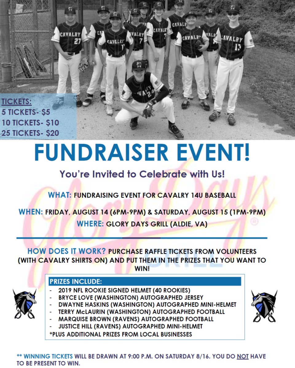 cavalrybball's tweet photo. Join the Cavalry 14U team tonight and tomorrow at Glory Days Grill for their fundraising event! https://t.co/FCP5XDJxtG