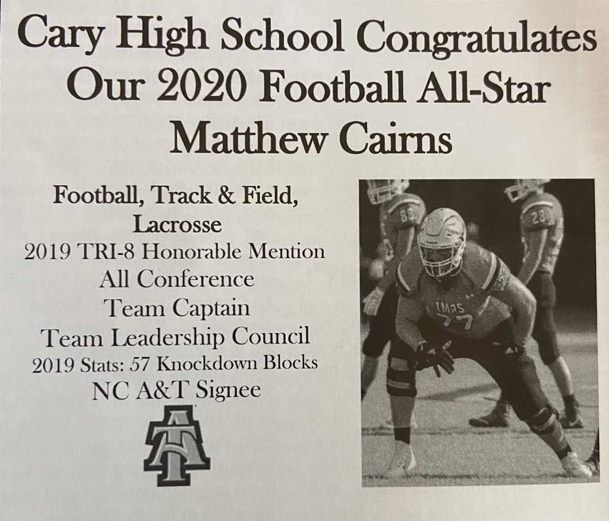 Thank you ⁦@NCCoachesAssn⁩ and ⁦@CaryImpFootball⁩ for the recognition.  Working hard at ⁦@NCATFootball⁩ to reach my goals.  Football is on a pause, but I’m not! #AggiePride #BiggerStrongerFaster